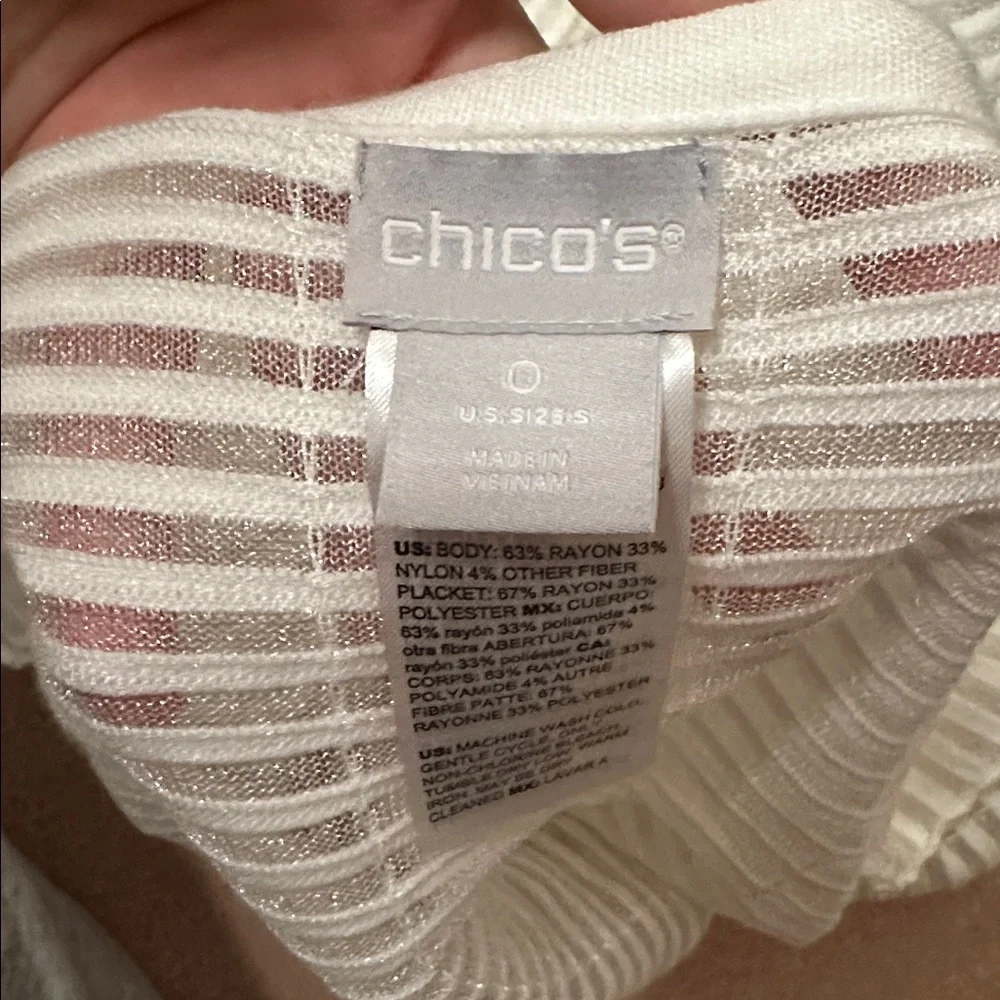 Chico’s “Shadow Stripe Front Cardigan” Sheer White 3/4 Sleeve Mid Length NWT